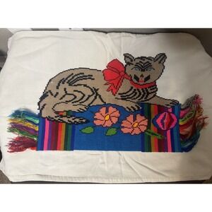 Vintage Handmade Needlepoint Cat Pillowcase Set Boho Folk Art Floral Striped